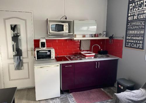 a small kitchen with a microwave on top of a counter at Jolie studio 10min centre ville et 300m quai de seine WIFI in Rouen