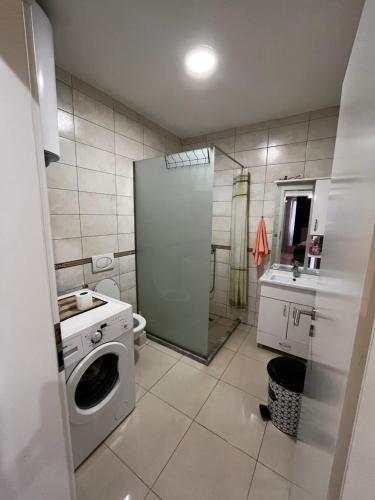 y baño con lavadora y ducha. en Green Downtown Apartment, en Ferizaj
