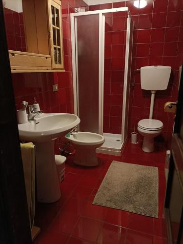 uma casa de banho com um lavatório, um WC e um chuveiro em La tua piccola casa a Pecol em Mareson