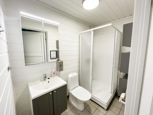 a bathroom with a toilet and a sink and a shower at Tregde Ferie in Mandal