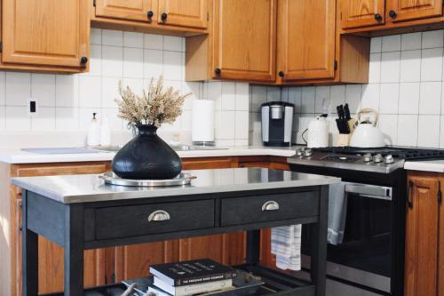 a kitchen with a black island with a vase on it at Pinetree Guesthouse in Fleischmanns