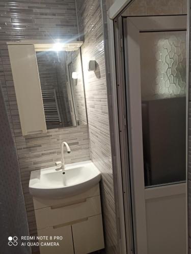 a bathroom with a sink and a mirror and a shower at Гостевой дом "Наталья" in K'obulet'i