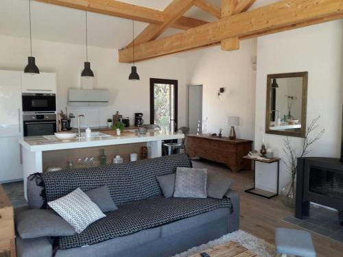 un salon avec un canapé et une cuisine dans l'établissement Maison type bergerie proche Porto-Vecchio, à Porto-Vecchio