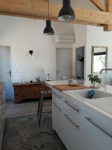 une cuisine avec un évier et un plan de travail dans l'établissement Maison type bergerie proche Porto-Vecchio, à Porto-Vecchio