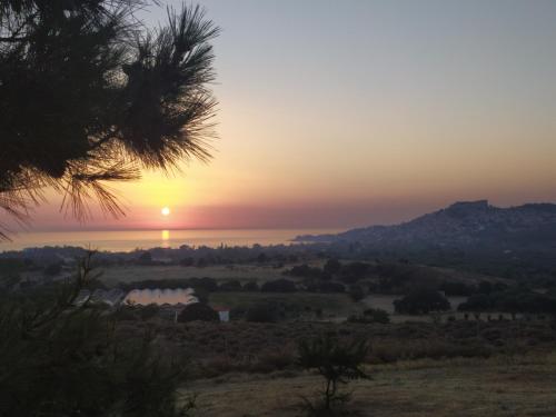 a sunset over a field with a body of water at Molivos Castleview Luxury Villa with private parking in Mythimna
