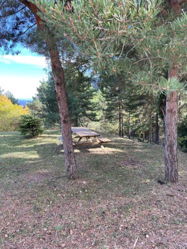 a picnic table sitting between two trees in a park at Casa de la Mestra, Espinalbet - ALBERGA in Castellar del Riu