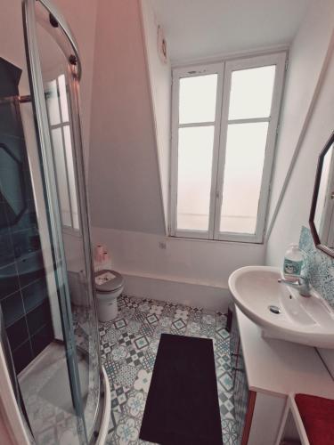 une salle de bain avec une douche, un lavabo et des toilettes dans l'établissement Location saisonnière, meublée, appartement type studio à Sèvres, à Sèvres