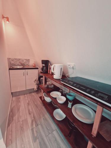 d'une cuisine avec un comptoir avec des plaques de cuisson. dans l'établissement Location saisonnière, meublée, appartement type studio à Sèvres, à Sèvres