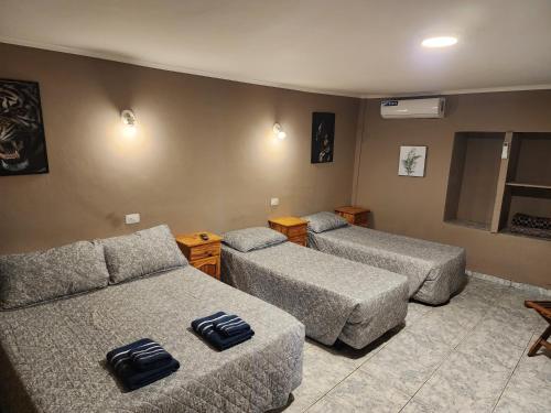 uma sala de estar com duas camas e um sofá em HOTEL BL em Puerto Iguazú