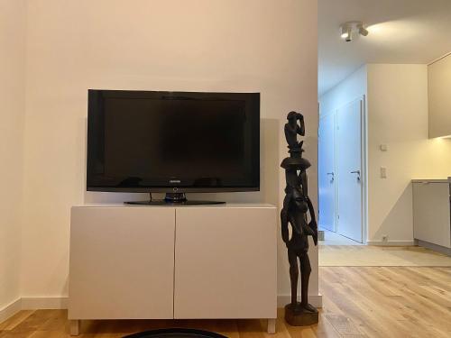 telewizor z płaskim ekranem siedzący na białej szafce w obiekcie Modern Studio Gardenia_Gartenwohnung Alte Donau w Wiedniu