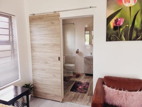 baño con puerta corredera y aseo en Cosy Nest - Uncapped Wi-fi & Self Check-in, en Ciudad del Cabo