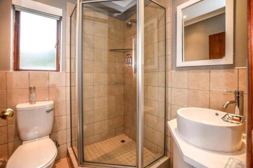 a bathroom with a shower and a toilet and a sink at Penny's Place on Greenway in White River