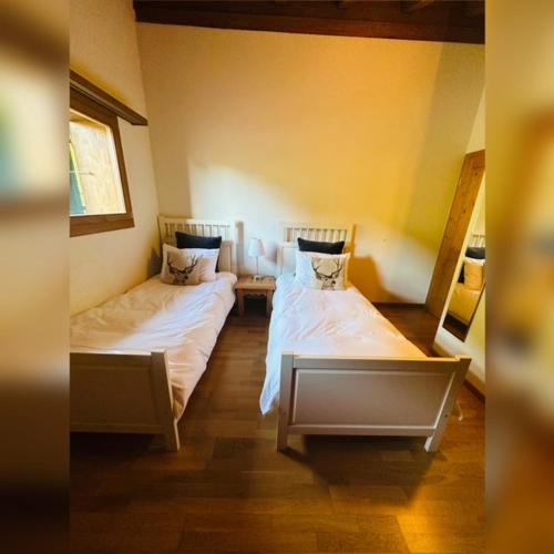 um quarto com duas camas num quarto em Deluxe Penthouse in the Swiss Alps em Val dʼIlliez
