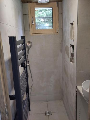 une salle de bain avec douche et lavabo dans l'établissement Appartement chaleureux 2 chambres 4-6 pers, à Montgenèvre