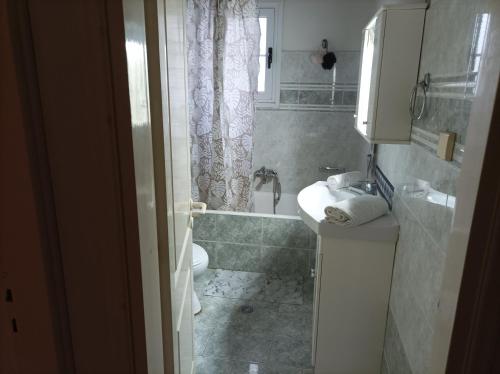 uma casa de banho com um lavatório, um WC e um chuveiro em Stammys house em Pelekas