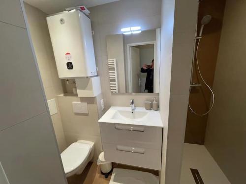 une personne prenant une photo d'une salle de bains dans l'établissement La Lanterne - Magnifique T2 Strasbourg - Cathédrale à 300m, à Strasbourg