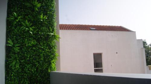 uma parede verde ao lado de um edifício branco com uma porta em Studio no centro do Funchal no Funchal