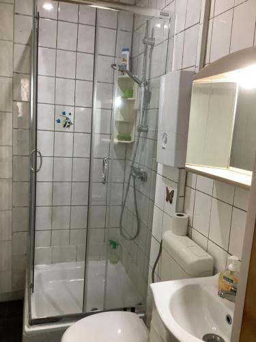 uma casa de banho com um chuveiro, um WC e um lavatório. em Schönes großes Zimmer 1 Et Parkplatz nach Verfügbarkeit em Essen