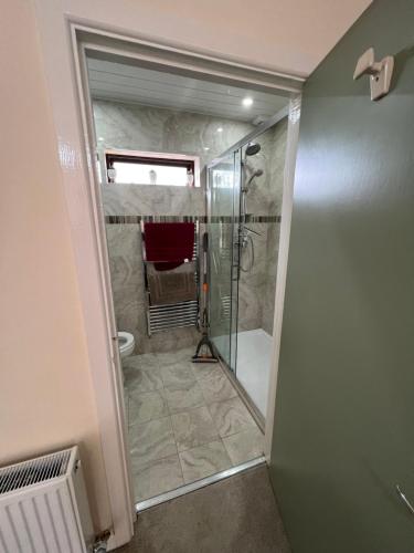 uma cabina de duche ao nível do chão numa casa de banho com uma cabina de duche em vidro. em Straffan em Straffan