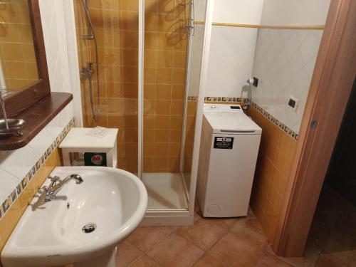 a bathroom with a sink and a shower and a toilet at Albergo Diffuso Ravascletto in Ravascletto