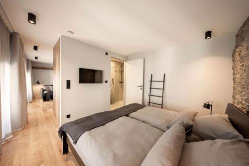 特里騰海姆的住宿－Klara Rooms，一间卧室配有一张大床和电视
