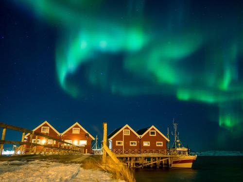 a row of houses under the northern lights in the sky at Vannøy Sport og Havfiske in Vannvåg