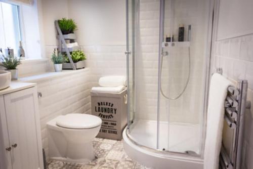 a white bathroom with a toilet and a shower at The Bay Colwell in Freshwater