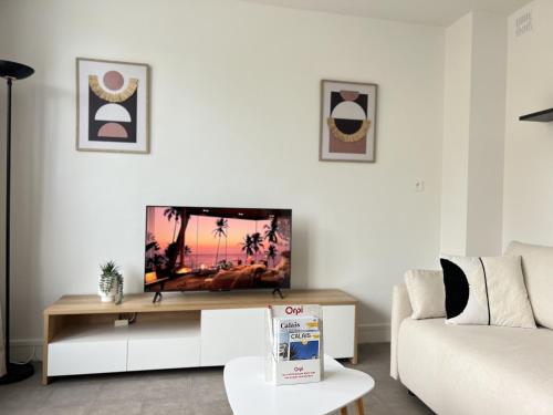 uma sala de estar com uma televisão de ecrã plano sobre uma mesa em Le Duc de Guise em Calais