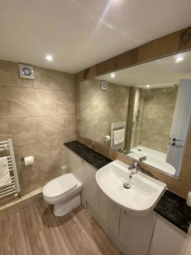 a bathroom with a sink and a toilet and a mirror at Ramsey Rooms in Huntingdon