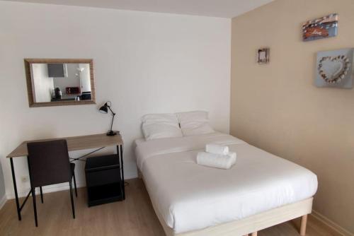 - une chambre avec un lit et un bureau avec un miroir dans l'établissement Nideck - Studio avec balcon, à Strasbourg
