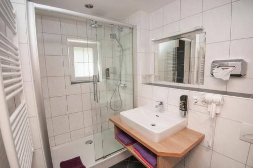 a bathroom with a sink and a shower at Bed&Breakfast Schwaiger in Mörtschach