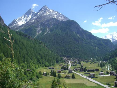 a view of a valley with a mountain in the background at Hôtel Dents de Veisivi in Haudères