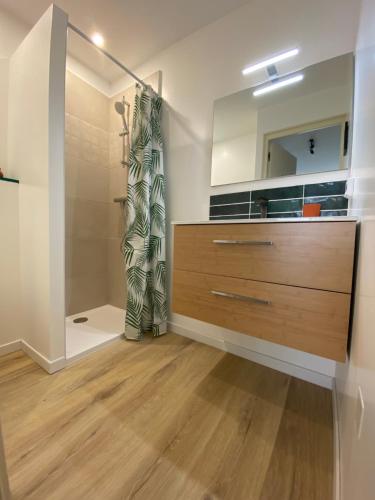 La salle de bains est pourvue d'une commode et d'un miroir. dans l'établissement Appartement en bord de mer 1, à Banyuls-sur-Mer