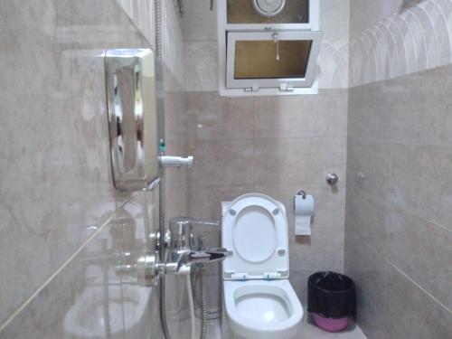 a bathroom with a toilet and a tv in it at Hotel Ain Safnan Room&Flats فندق عين صفنان غرف&شقق in Sanāw