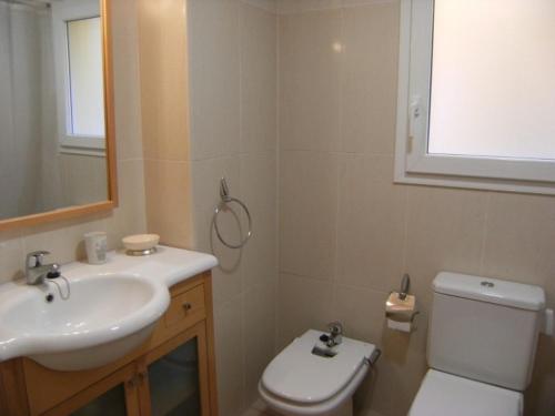 a bathroom with a sink and a toilet and a mirror at Apartamentos Athenea in Ampurias