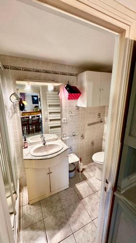 une salle de bain avec un lavabo et des toilettes dans l'établissement Maison Le Barbier 10pers Le Mont Dore, à Le Mont-Dore