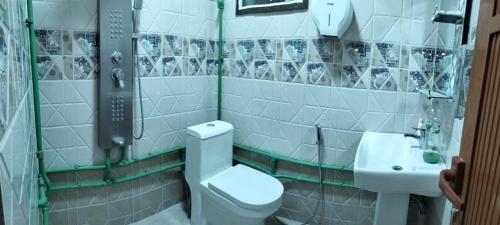 La salle de bains est pourvue de toilettes et d'un lavabo. dans l'établissement نزل الريف التراثيه, à Al ‘Aqar