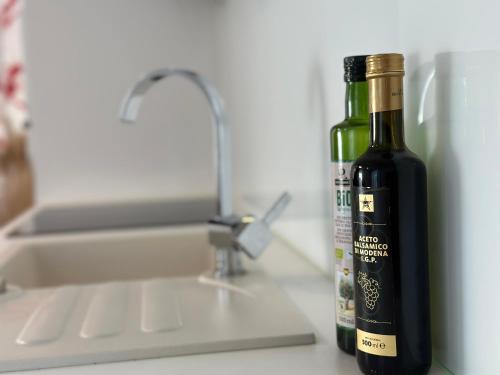una botella de vino junto a un fregadero en Spacious Green Cosy Apartment near Maribor, en Pesnica pri Mariboru