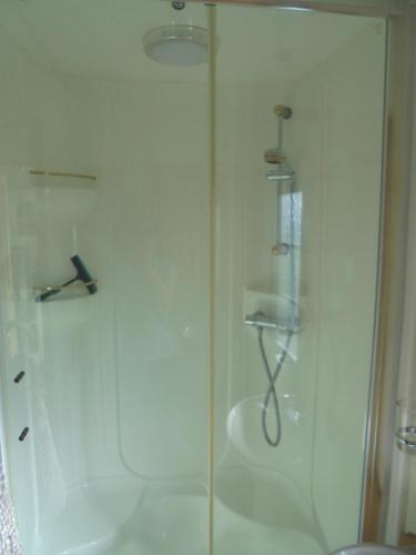 a shower with a glass door in a bathroom at Golden palm : Vogue 6 Berth, Central Heated, Enclosed Veranda in Chapel Saint Leonards