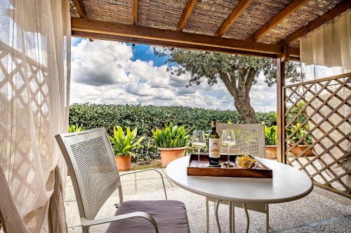 a white table and chairs on a patio with a vineyard at Agriturismo Cesani in San Gimignano