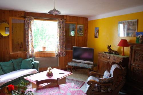 un salon avec un canapé et une télévision dans l'établissement Le Clos Du Berger, au Sauze