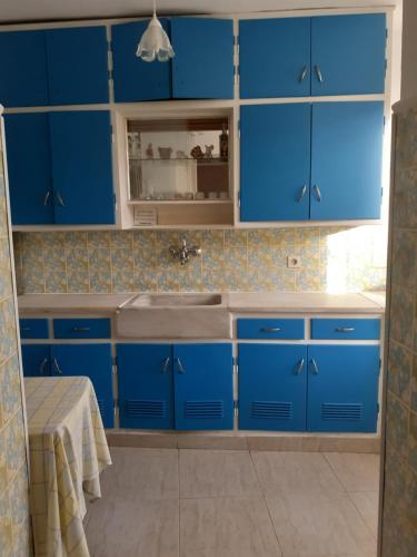 THALIA'S GARDEN في ميتيليني: مطبخ مع دواليب زرقاء ومغسلة