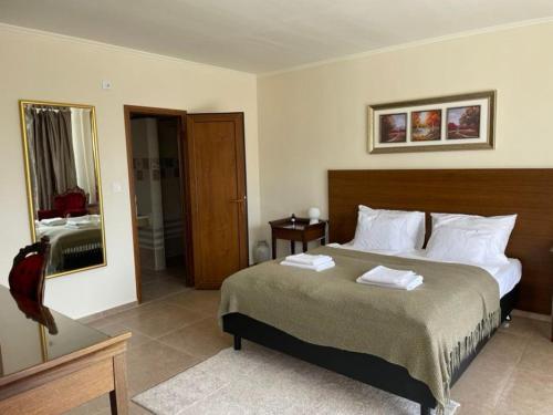ein Schlafzimmer mit einem großen Bett und einem Spiegel in der Unterkunft Vitál Guesthouse in Almamellék
