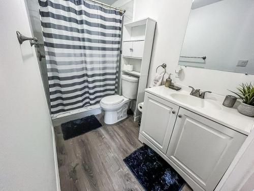 a bathroom with a toilet and a sink and a shower at Urban Paradise: Stylish Getaway near Buschgardens in Tampa