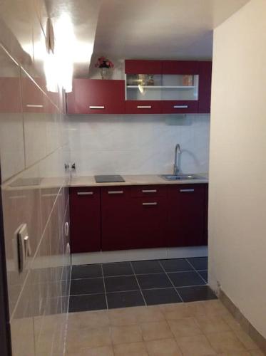 une cuisine avec des armoires rouges et un évier dans l'établissement Apartment 20mns from Paris, à La Ville-du-Bois