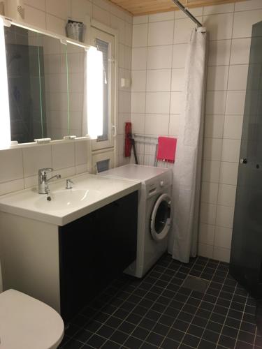 een badkamer met een wastafel en een wasmachine bij Peipon pesä in Syöte