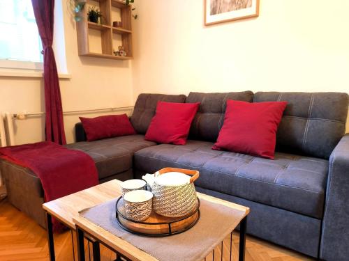 a living room with a couch and a table at CozyHome Medena Central, quiet premium spot in Old Town in Bratislava