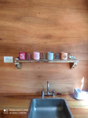 una fila de tazas de café en un estante sobre un fregadero en la mansion, en La Esmeralda