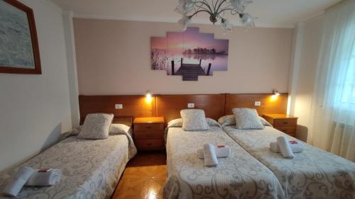 a bedroom with two beds and a painting on the wall at Casa David in Tríacastela