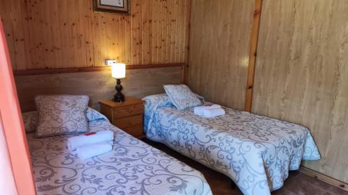 1 dormitorio con 2 camas y lámpara. en Casa David en Tríacastela